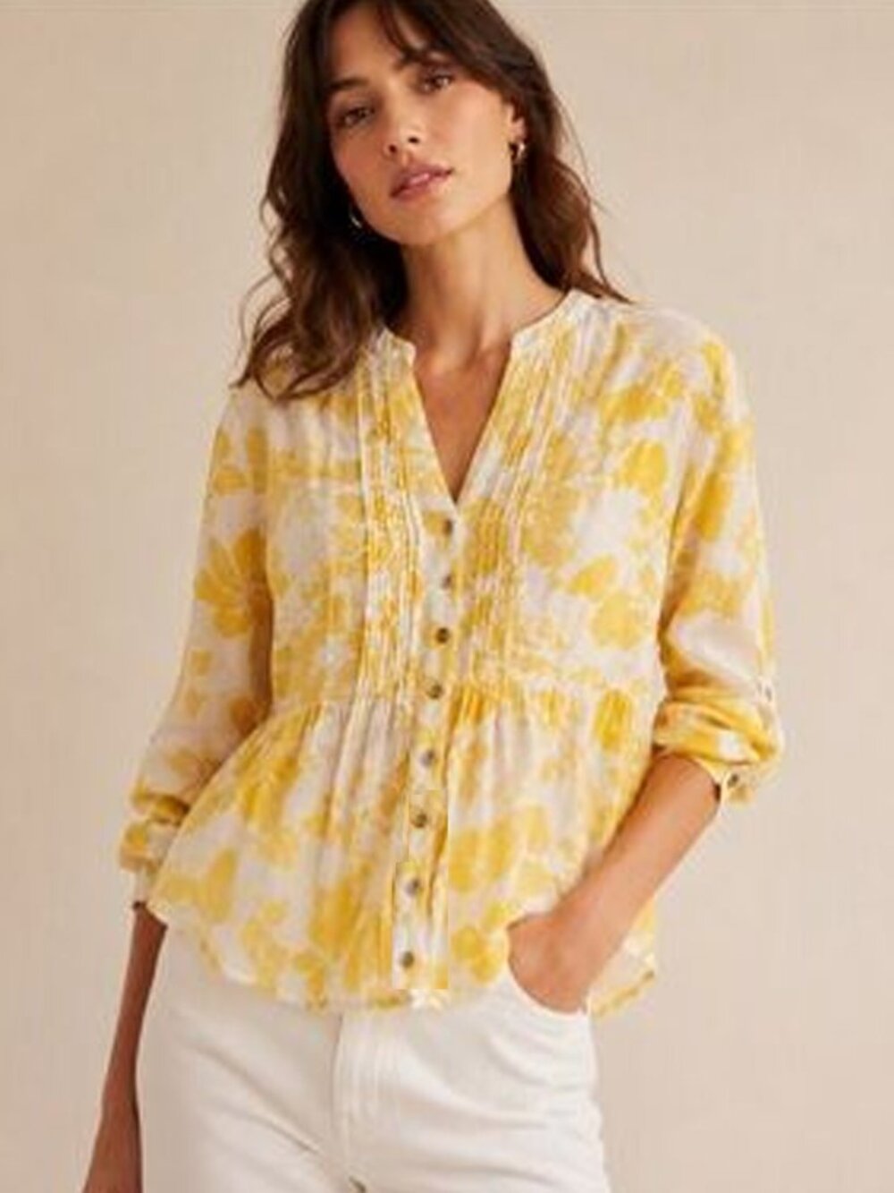 Anthropologie Maeve 100% Cotton Pintuck Button Down Shirt 6 Yellow Ivory Floral